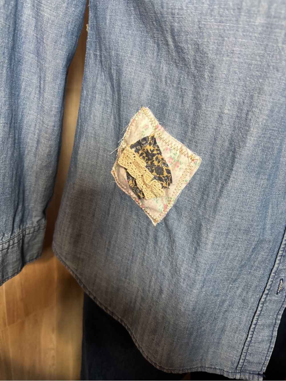 Upcycled Old Navy Button-Up Shirt  Boho Cottagecore Patchwork Lace - Picture 5 of 12